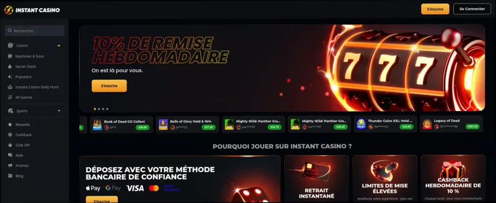 Instant Casino 180% de bonus et 220 tours gratuits